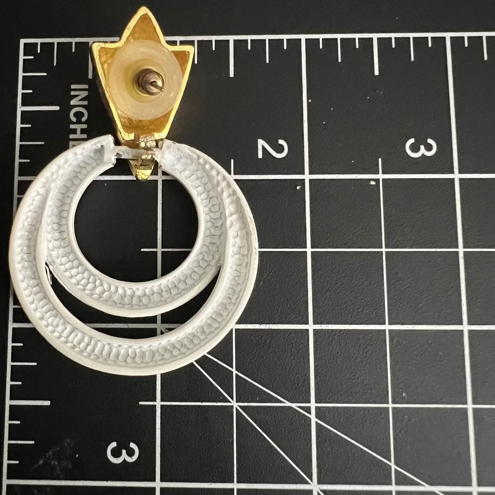 Vintage Gold Tone White Enamel Double Hoop Dangle Earrings 2.25
